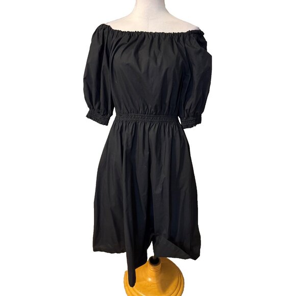 Gap Midi Dress M Medium Black Puff Sleeve Pockets Cotton Poplin A Line Washable - Picture 2 of 11